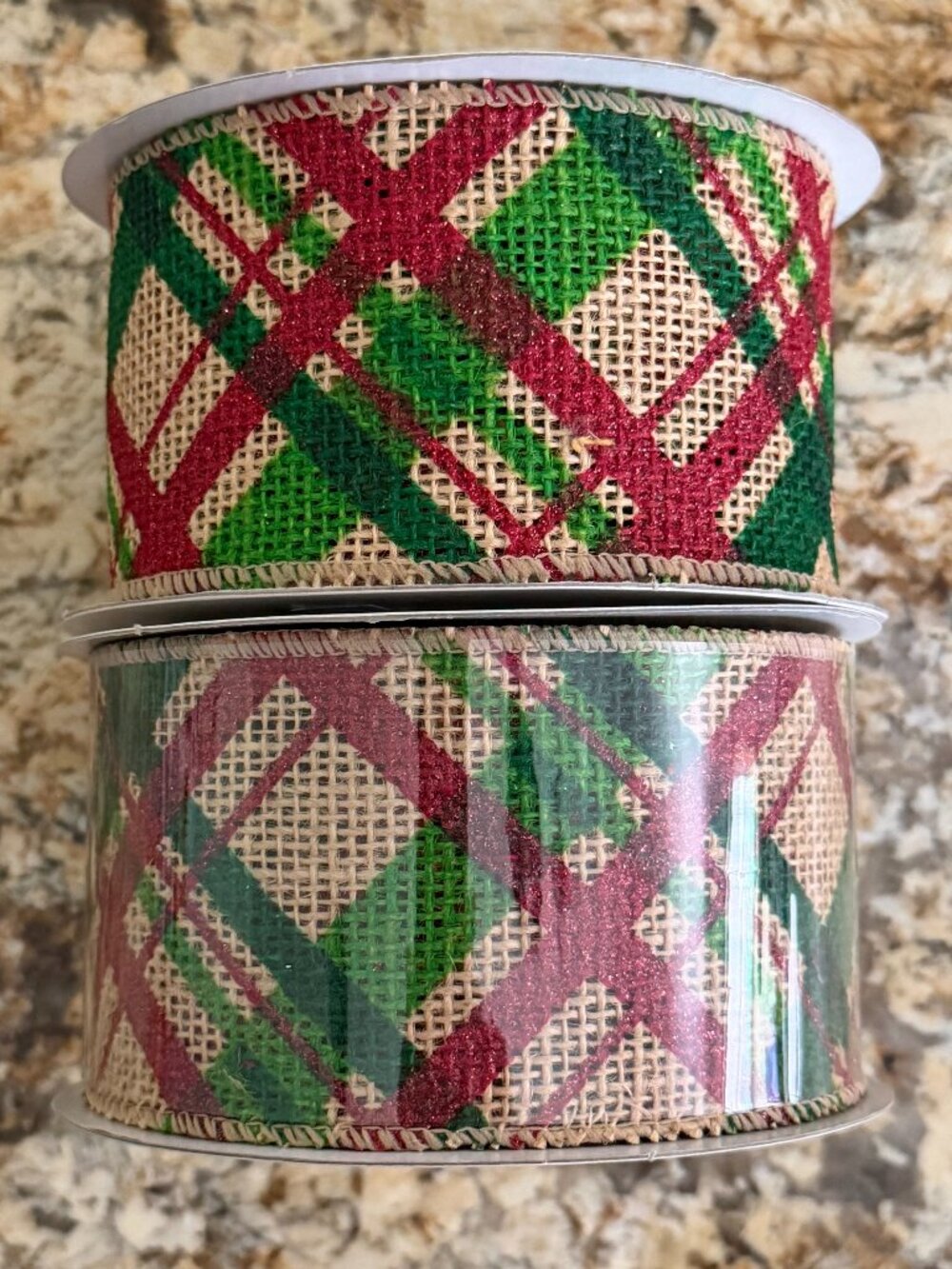 2 Rolls of Wired Christmas Plaid Jute Ribbon. Traditional Red/Green on Beige